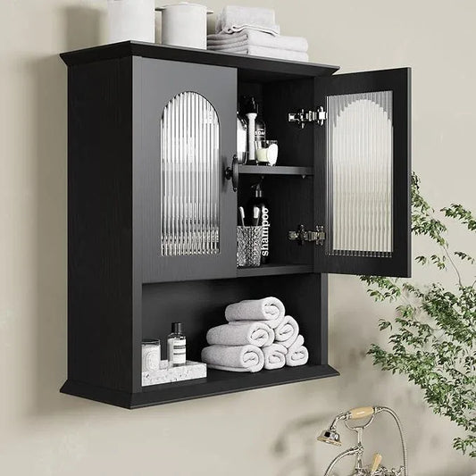 CJL Bathroom Wall Cabinet with Fluted Door, 18.9'' x 23.6'' Medicine Cabinet, Over The Toilet Storage Cabinet, Black - ModernBath
