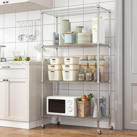 Homdox Heavy Duty 4-Tier Metal Shelving Unit with Adjustable Shelves, Rolling Storage Rack for Kitchen, Garage, Pantry, 36.02"x17.91"x74.41", Silver - ModernBath