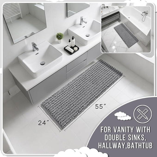 Yimobra Bathroom Runner Rug 55x24 Inch - Extra Long Non Slip Chenille Bath Mat, Soft & Absorbent, Machine Washable Shaggy Hallway Carpet for Vanity Tub Shower, Gray Home Decor Accessories - ModernBath