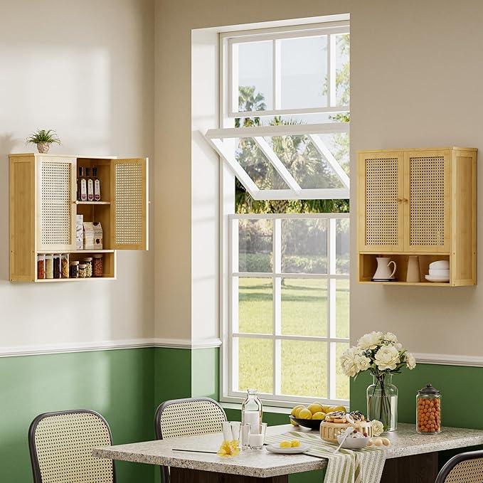 Bathroom Wall Cabinet, Bamboo Over-The-Toilet Storage Organizer with 2 Rattan Doors and Adjustable Shelf, Space Saver Medicine Cabinet for Laundry, Kitchen, Living Room (Natural) - ModernBath