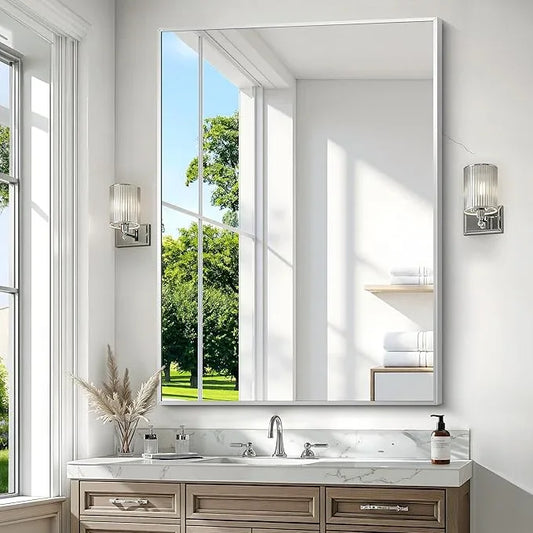 BONEWEI Silver Bathroom Mirror,36x48 inch Wall Mirror for Bathroom Wall Mounted,Large Rectangle Mirror for Bathroom Over Sink,Modern Metal Frame for Living Room,Bedroom Entryway,Horizontal/Vertical - ModernBath