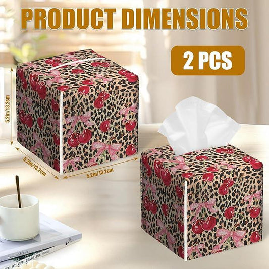 Pink Cherry Bow Tissue Box Cover 2PCS, Leopard Leather Tissue Box Holder Square Facial Paper Case Tissue Box Cube Organizer for Bathroom Bedroom Desk Office - ModernBath