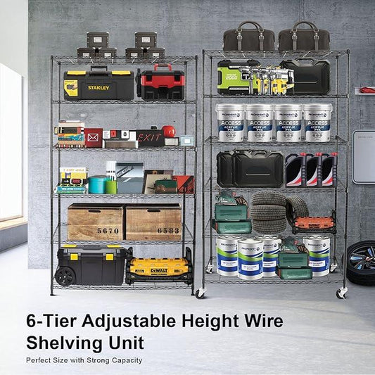 YNN Storage Shelves,2100Lbs 6 Tier Heavy Duty Metal Rolling Shelving Unit with Wheels & 8 Hooks, Adjustable Garage Wire Rack for Kitchen, Bathroom,Industrial,Pantry(36" W x 14" D x 72" H,Black) - ModernBath