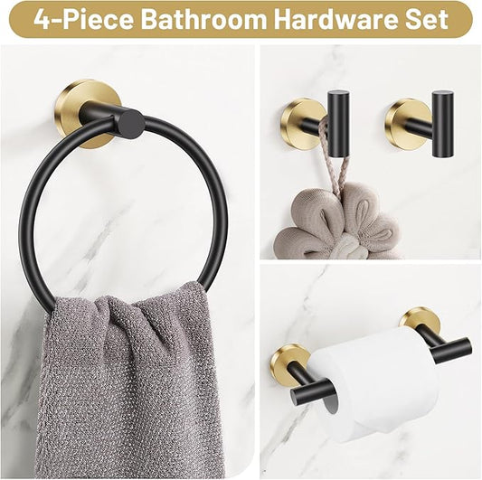 Black Gold Bathroom Hardware Set, 4-Piece Towel Holder Set Include Double Bases Toilet Paper Holder,Towel Ring and 2 Towel Hooks Stainless Steel Wall Mounted Bathroom Hardware Accessories Set