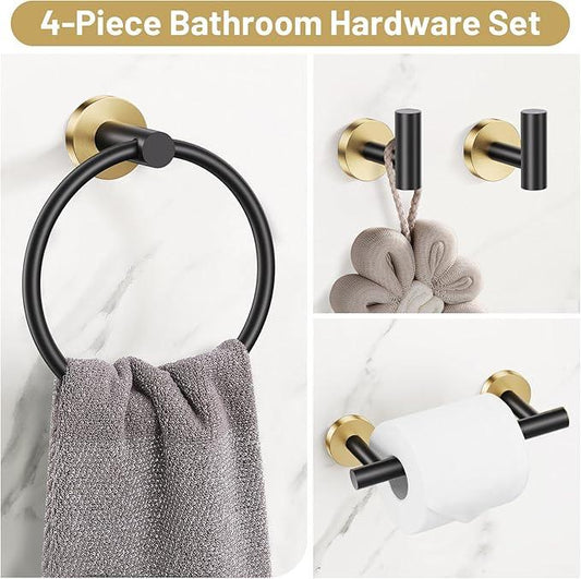 Black Gold Bathroom Hardware Set, 4-Piece Towel Holder Set Include Double Bases Toilet Paper Holder,Towel Ring and 2 Towel Hooks Stainless Steel Wall Mounted Bathroom Hardware Accessories Set - ModernBath