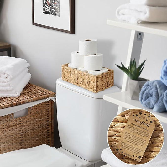 Casafield Set of 2 Bathroom Storage Baskets, Natural - Water Hyacinth, 16" W x 6.75" D x 4.25" H, Woven Toilet Tank Topper Bins for Organizing Tissues, Toilet Paper, Toiletries, Shelves - ModernBath
