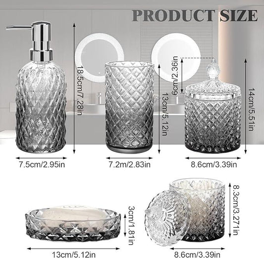 Bathroom Accessories Set, 5Pcs Bathroom Soap Dispenser Set, Glass Bathroom Accessories with Glass Soap Dispenser, Soap Dish, Toothbrush Holder, Tumbler, Qtip Holder - ModernBath
