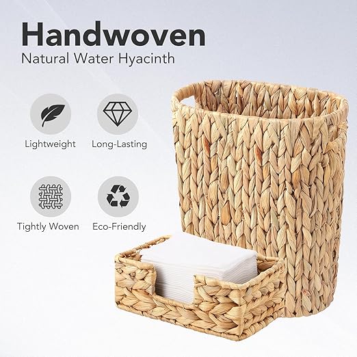 Water Hyacinth Trash Can 15L & Rattan Napkin Holder Rectangle,Wicker Napkin Tray for Table,Wicker Home Set for Bedroom, Bathroom, Kitchen, Office, Balcony