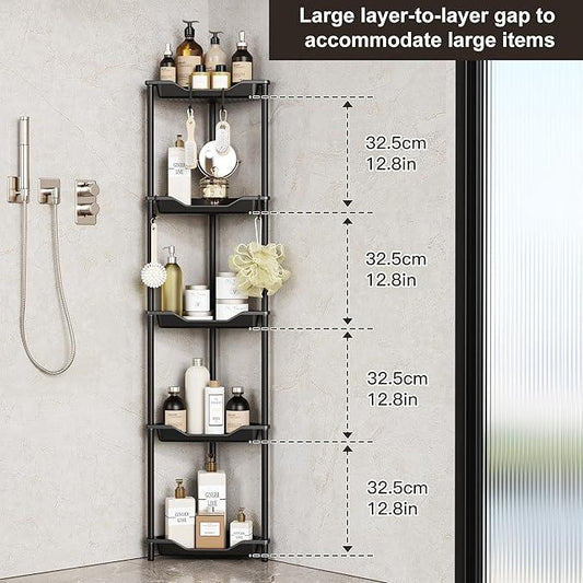 Orimade Rustproof 5 Tier Floor Standing Corner Shower Caddy Organizer, Plastic Metal Splicing Floor Corner Shelf Rack Stands for Bathroom, Black - ModernBath