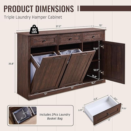 Triple Tilt Out Laundry Hamper Cabinet, 20 Gallon Farmhouse Trash Can Cabinet w/Drawer & Adjustable Shelf, Hidden Garbage Can Bin Cabinets w/Laundry Basket for Bathroom, Kitchen (Brown)