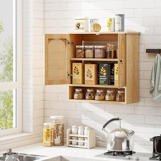 Tangkula Wall-Mounted Medicine Cabinet, with 2 Faux Rattan Doors & Adjustable Shelves, Open-Back Bathroom Cabinet Over The Toilet, Boho Hanging Storage Cupboard for Laundry Kitchen (No Back, Natural) - ModernBath