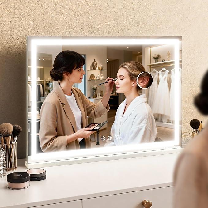 ROLOVE Large Vanity Mirror with Lights 35.5" x 27", LED Hollywood Makeup Mirror with USB Charging Port, 3 Color Modes, Dimmable Touch Control, 10X Magnification, Wall Mounted or Tabletop - ModernBath