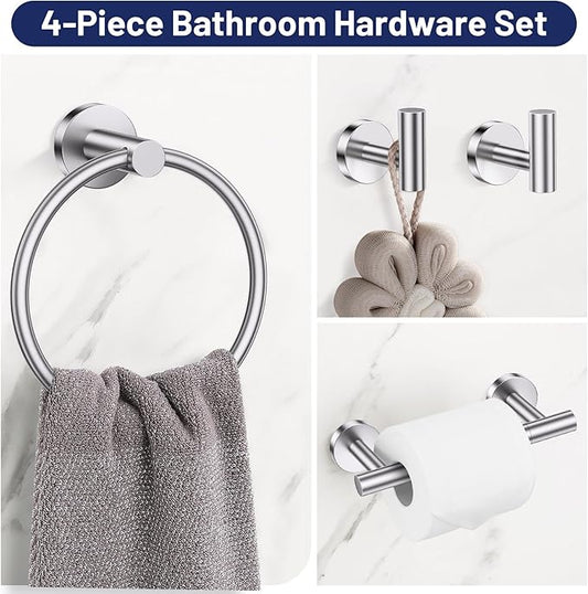 Brushed Nickel Bathroom Hardware Set, 4-Piece Towel Holder Set Include Double Bases Toilet Paper Holder,Towel Ring and 2 Towel Hooks Stainless Steel Wall Mounted Bathroom Hardware Accessories Set