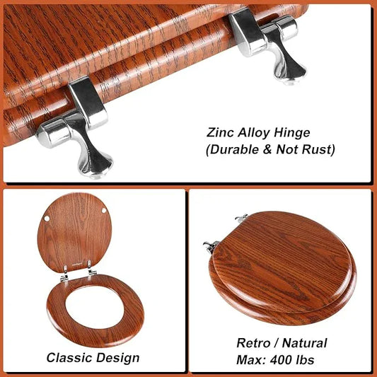Round Toilet Seat Molded Wood Toilet Seat with Zinc Alloy Hinges, Easy to Install also Easy to Clean, Anti-pinch Wooden Toilet Seat by Angol Shiold (Round, Brownish Yellow) - ModernBath