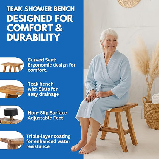 EcoDecors 18 Inch Satori Natural Teak Waterproof Teak Wood Shower Bench Stool Seat Chair For Inside Shower Provides Safety, Storage, and Organization For Bathroom Accessories