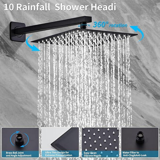 RTTWYYUU Matte Black Rainfall Shower Head, Wall Mounted 8 Inch Shower Heads with Handheld Spray Combo, Luxury Bathroom Square Rain Shower System, Solid Brass Pressure Balancd Shower Faucet Valve - ModernBath