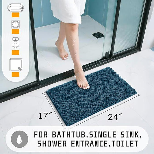 Yimobra Washable Bathroom Rugs, Super Soft & Absorbent Chenille Bath Mat for Floor & Carpet, Quick Dry Non Slip Bath Mat for Tub Shower, 24" x 17",Peacock Blue - ModernBath