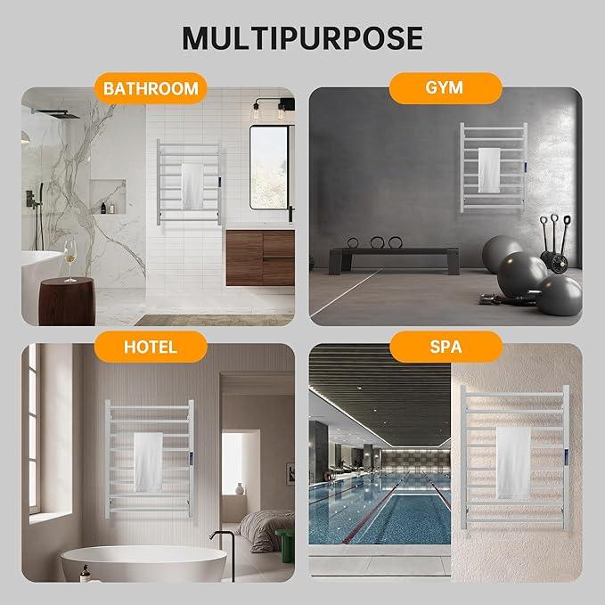 Towel Warmer Rack, Heated Towel Racks for Bathroom, Wall Mounted Towel Warmer, Stainless Steel 8-Bars Drying Rack with Intelligent Touch Screen Timer, Brushed Nickel - ModernBath