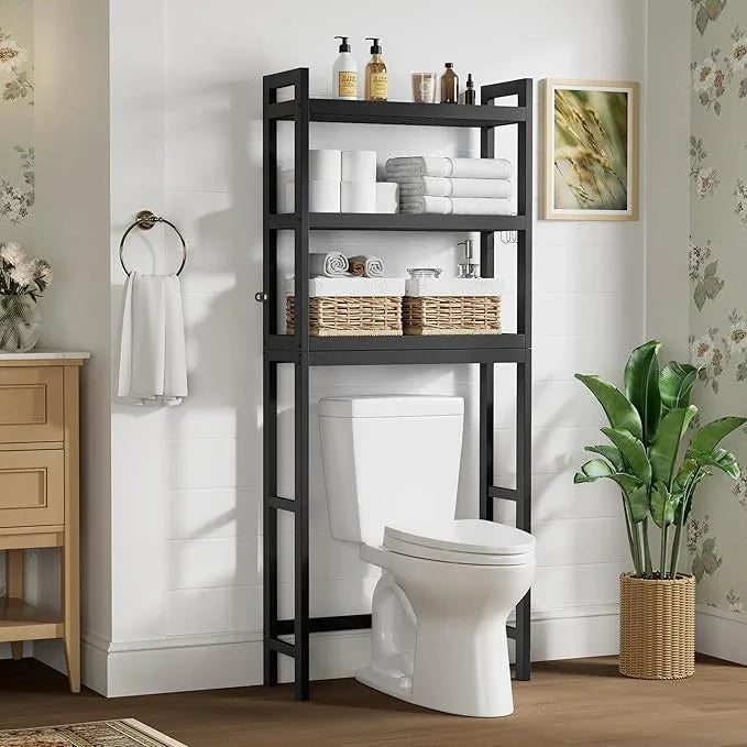Smiry Over The Toilet Storage Cabinet, 3-Tier Bamboo Bathroom Organizers with Adjustable Shelf & 4 Hooks, Space Saving Shelf Rack for Bathrooms, Laundry Room, Balcony, Black - ModernBath