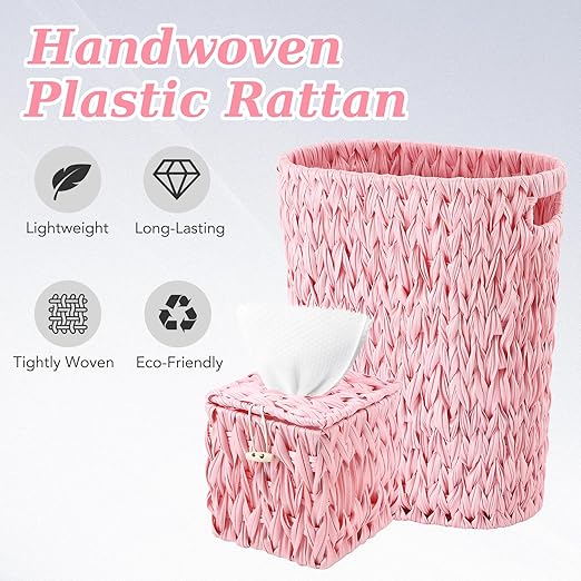 BSSN Wicker Trash Can & Square Tissue Box, Handwoven Waterproof Waste Basket with Handles, Wicker Home Set for Bedroom, Bathroom, Kitchen, Office, Balcony, Pink
