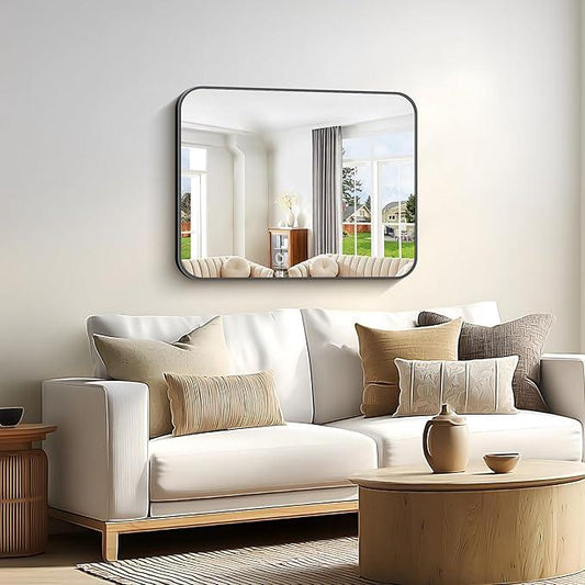 CIVENO Bathroom Mirror, 30 x 24 inch Metal Framed Black Rectangle Mirror, Rounded Corner Rectangular Vanity Mirror, Wall Mounted Mirror for Modern Bedroom Living Room Hangs Horizontal or Vertical - ModernBath