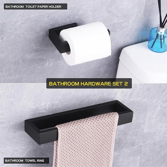 GERZWY Bathroom Accessory 2-Piece Set SUS 304 Stainless Steel Toilet Paper Holder Towel Ring Wall Mount, Matte Black HG1708-2BK - ModernBath