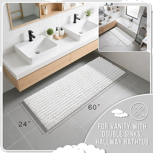 Yimobra Bathroom Runner Rug 60x24 Inch - Extra Long Non Slip Chenille Bath Mat, Soft & Absorbent, Machine Washable Shaggy Hallway Carpet for Vanity Tub Shower, White Home Decor Accessories - ModernBath