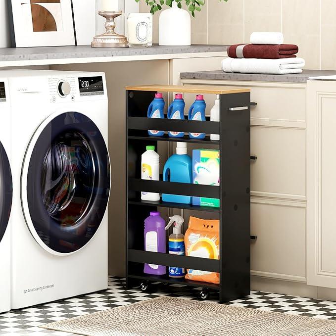 Small Kitchen Cart, 4-Tier Slim Rolling Island w/Handle, Laundry Room Storage Organizers Between Washer and Dryer, Narrow Spice Rack on Wheels Next to Fridge (Black, 8'') - ModernBath