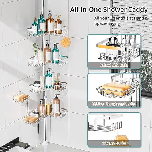 KEGII Shower Caddy Tension Pole – Corner Rustproof Bathroom Organizer with Soap Holder & Hooks, No-Drill Adjustable Shower Shelf for Renters for Families & Renters, 25-114.2 Inch, Silver - ModernBath