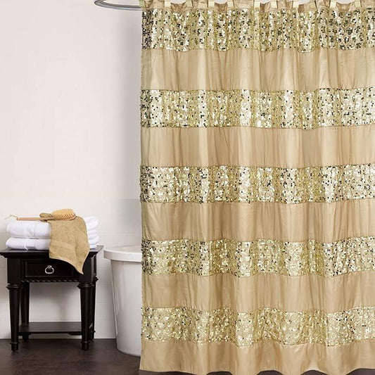 Zahari Home 13pc Sinatra Bathroom Shower Curtain Set - Gold Curtain & 12 Champagne Hooks - Luxury Fabric Bling Unique Beautiful Set - ModernBath