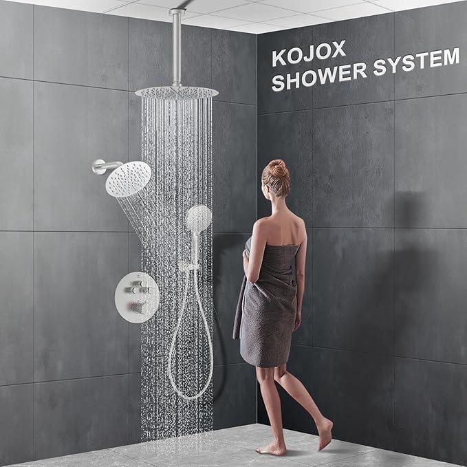 KOJOX Brushed Nickel Thermostatic Shower System, Push Button Diverter Shower Faucet Set with 12" Ceiling Mount Rain Shower, 8" Wall Mount Shower Head, and 3-in-1 Handheld Spray - ModernBath