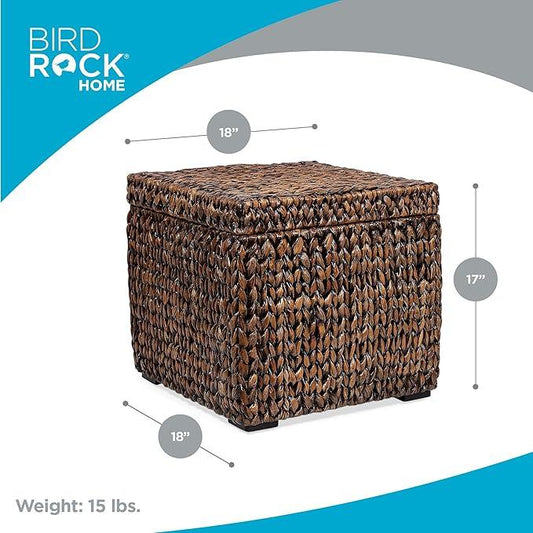BIRDROCK HOME Storage Cube Box with Lid - Brown Wash Seagrass - Hand Woven Container for Blankets Pillows - Sturdy Metal Frame - ModernBath