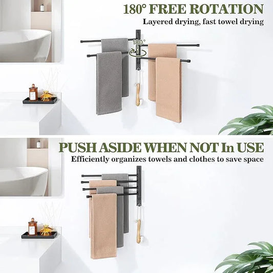Alise Swivel Towel Rack, SUS304 Stainless Steel 4 Arms Towel Bar, Space Saving Swing Out Towel Bar with Hook, Towel Racks Wall Mounted for Bathroom, Matte Black - ModernBath