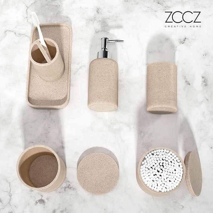 ZCCZ Beige Bathroom Accessories Set 6 Pieces - Toothbrush Holder, Lotion Dispenser, Qtip Container, Vanity Tray, Tumbler - Countertop Organizer for Bathrooms - Elegant and Functional Décor Set - ModernBath