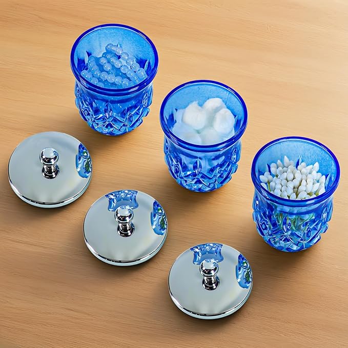 ZIVQEXMURL Qtip Holder,10Oz Blue Glass Apothecary Jars with Silver Lids for Bathroom Organization & Desk Storage,Thick Glass Apothecary Jars for Q-Tips,Cotton Rounds,Jewelry,Candy,Round