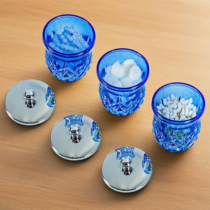 ZIVQEXMURL Qtip Holder,10Oz Blue Glass Apothecary Jars with Silver Lids for Bathroom Organization & Desk Storage,Thick Glass Apothecary Jars for Q-Tips,Cotton Rounds,Jewelry,Candy,Round - ModernBath