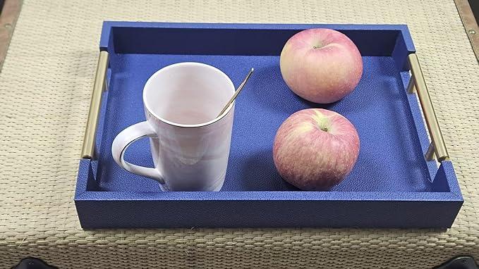 Set of 2 Wood Serving Tray with Gold Polished Metal Handles, Home Decorative Wooden Rectangle Ottoman Leather Decor Platter Bathroom Vanity Tray for All Occasions (Blue) - ModernBath