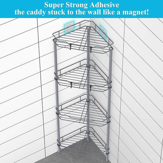 4 Tier Floor Standing Corner Shower Caddy Organizer Shelf with Hooks, Bathroom Shelves Stand Rack, Dark Gray - ModernBath