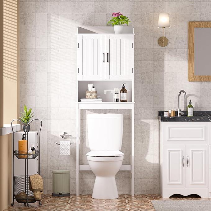 VEIKOU Over The Toilet Storage Cabinet, Bathroom Cabinet, Freestanding Over The Toilet Storage/Adjustable Shelf Rack, White - ModernBath