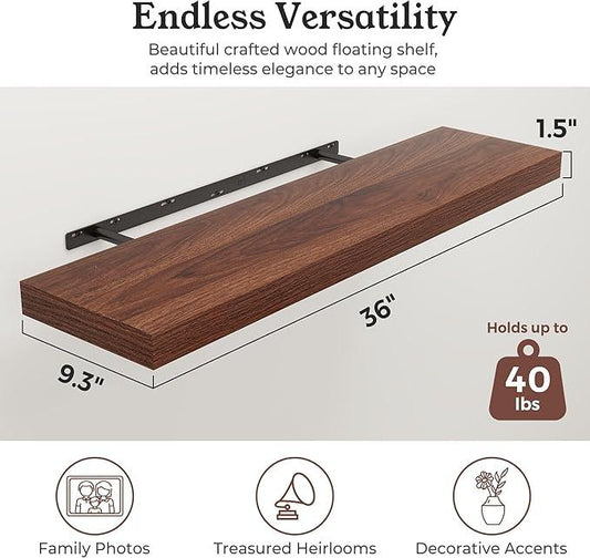 Floating Shelves for Wall, Wall Mounted Rustic Wood Shelves for Bathroom, Bedroom, Living Room, Kitchen, Hanging Shelf for Books/Storage/Room Decor (Walnut, 36") - ModernBath