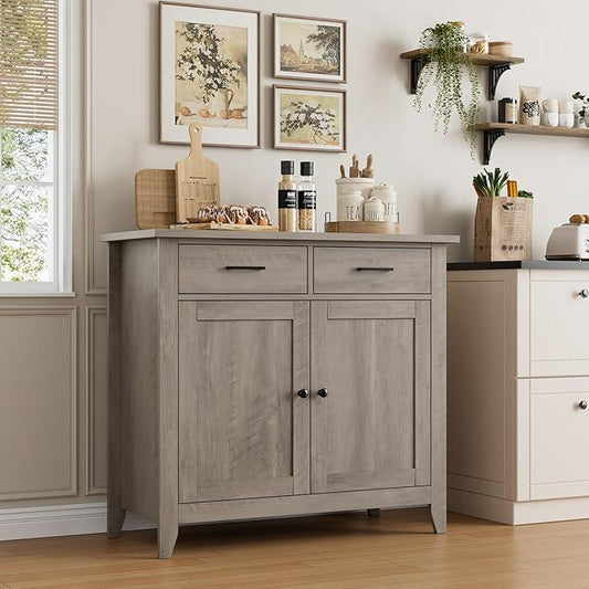 HORSTORS Kitchen Storage Cabinet, Modern Farmhouse Buffet Cabinet with Storage, Coffee Bar with 2 Drawers and 2 Doors, Floor Sideboard Buffet for Living Room, Dining Room, Bathroom, Grey - ModernBath