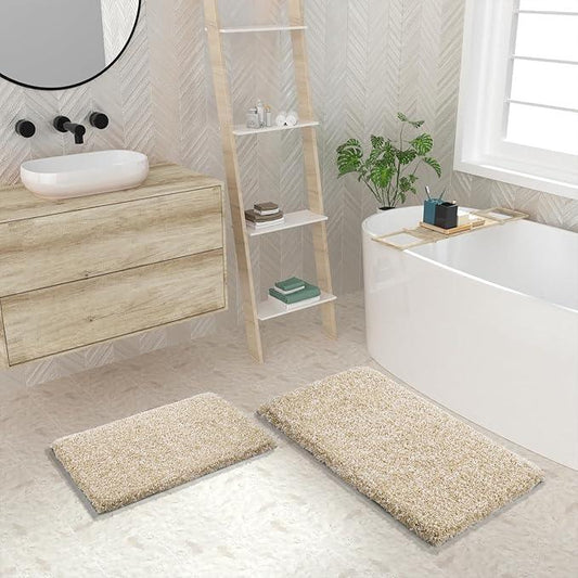 Yimobra Bathroom Rugs Non Slip Washable 36x24, Ultra Soft and Water Absorbent Bath Mats, Plush Fluffy Shower Mat Outside, Luxury Microfiber Thick Matts for Bathroom Floor/Tub, Light Beige and White - ModernBath