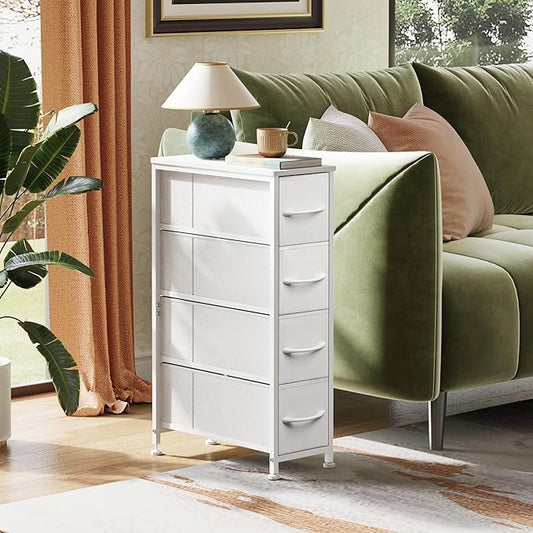 Narrow Dresser Storage Tower with 4 Drawers, Slim Dresser Chest of Drawers with Steel Frame, Wood Top, Dresser for Bedroom, Bathroom, Small Spaces, Laundry, Closet (White)