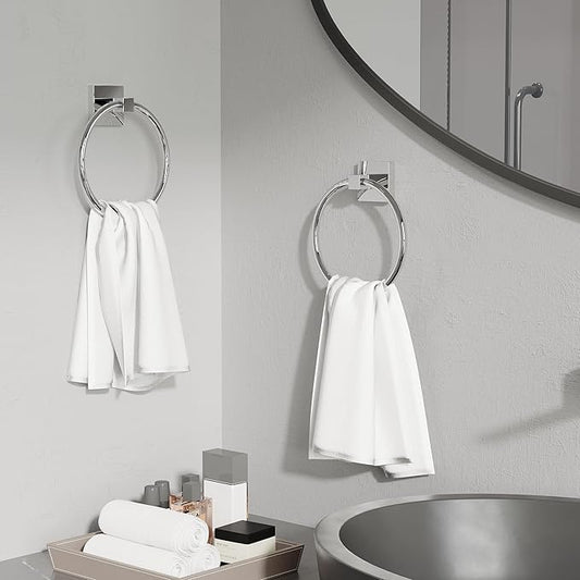 RUACQ Towel Ring for Bathroom 2pcs,Square Base Hand Towel Holder Hangers Wall Mount,Heavy Duty,Stainless Steel(Chrome)