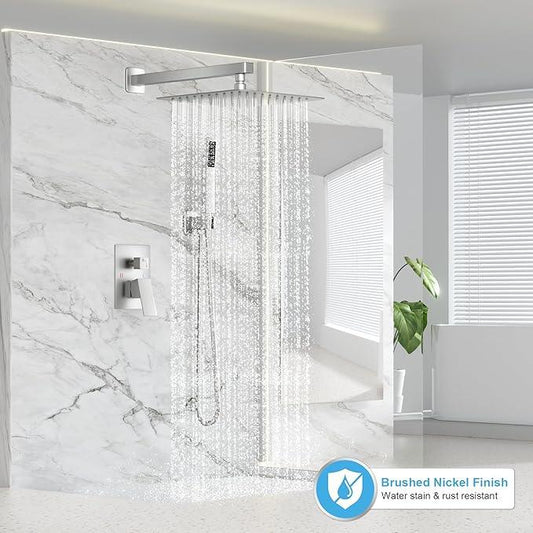 FPXRNG Shower Faucet Set Bathroom Square Rain Shower Head and Handle Set, Wall Mounted Shower Fixtures, Full Metal Trim Repair Kit 12 inch Brushed Nickel (With Shower Valve) - ModernBath