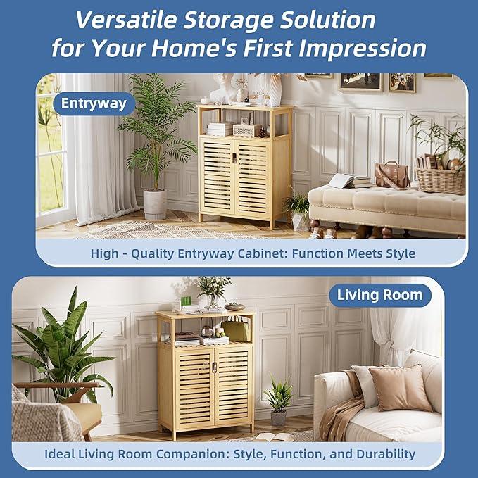 HITNET Bathroom Cabinet Freestanding, Bamboo Storage Cabinet 4-Tier Floor Cupboard with Door and Shelf for Bathroom, Kitchen, Hallway, Natural - ModernBath