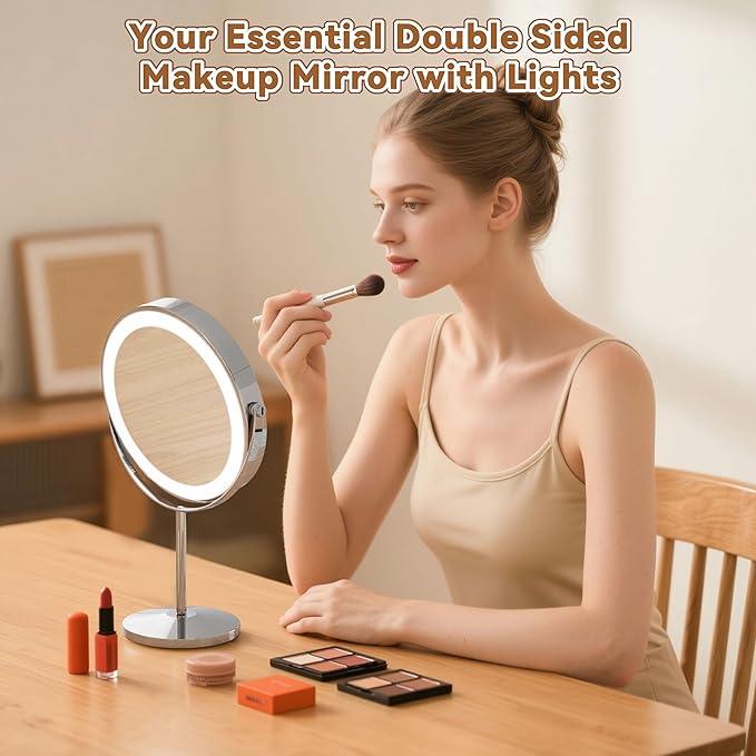 9" Magnifying Mirror with Light 1X/20X, Makeup Mirror with Light includes small mirror, 2000mAh Rechargeable, 360° Rotation, 3 Color Modes, Double-Sided, Ideal for Eyebrows, Lenses & Skincare - ModernBath