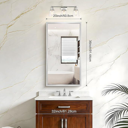 CIVENO 20x36 Silver Bathroom Mirror, Brushed Silver Rectangular Mirror for Wall, 0.6" Thickened Deep Frame Mirrors for Bathroom Sink, Shatterproof Tempered Glass, Antirust, Horizontally or Vertically - ModernBath