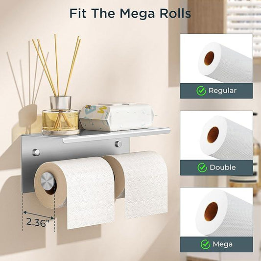 FORIOUS 2 Pack Double Toilet Paper Holder with Shelf, Wall Mount Tissue Roll Holder for Bathroom, 304 Stainless Steel Commercial Toilet Tissue Dispensers with Phone Shelf, Stainless Steel - ModernBath
