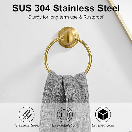BESy Brushed Gold Bathroom Hand Towel Ring Towel Holder, Rustproof Wall Mounted Bathroom Hardware Accessory SUS 304 Stainless Steel Towel Rack